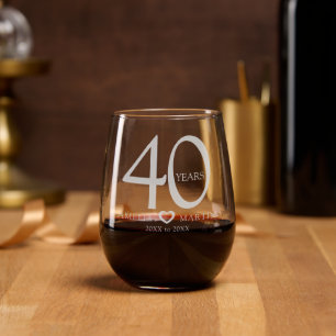 40 years 40th wedding anniversary name dates heart stemless wine glass
