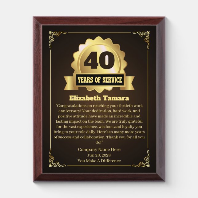 40 years employee anniversary Appreciation Message Award Plaque (Vertical)