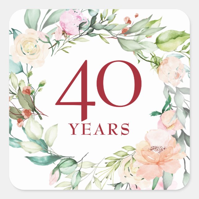 40 Years Roses Garland Ruby Wedding Anniversary Square Sticker (Front)
