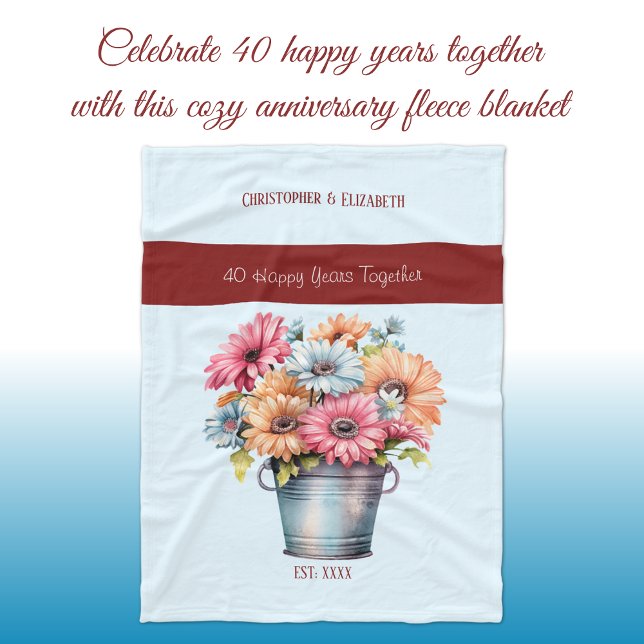 40 years ruby anniversary flowers blue fleece blanket (Creator Uploaded)