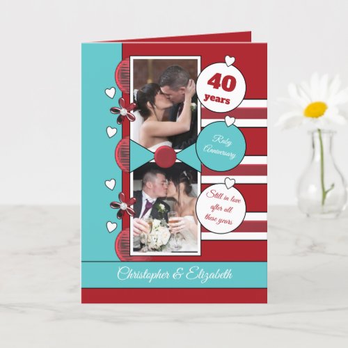 40 years Ruby anniversary red and green photo Card