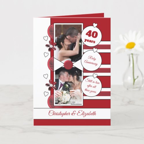 40 years Ruby anniversary red and white photo Card