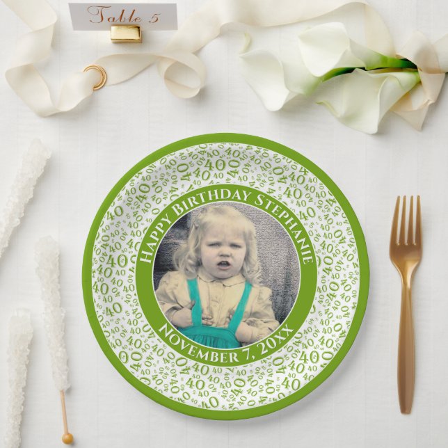 40 Your Photo Random Number Pattern Green/White Paper Plates (Wedding)
