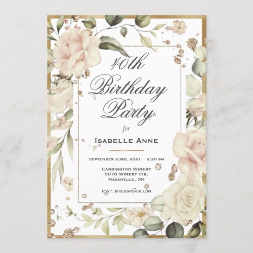 40th 40 Forty Fortieth Birthday Gold Watercolor Invitation