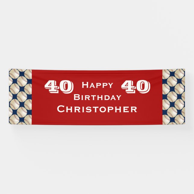 40th, 45th Birthday Party Baseball Red Blue Name Banner (Horizontal)