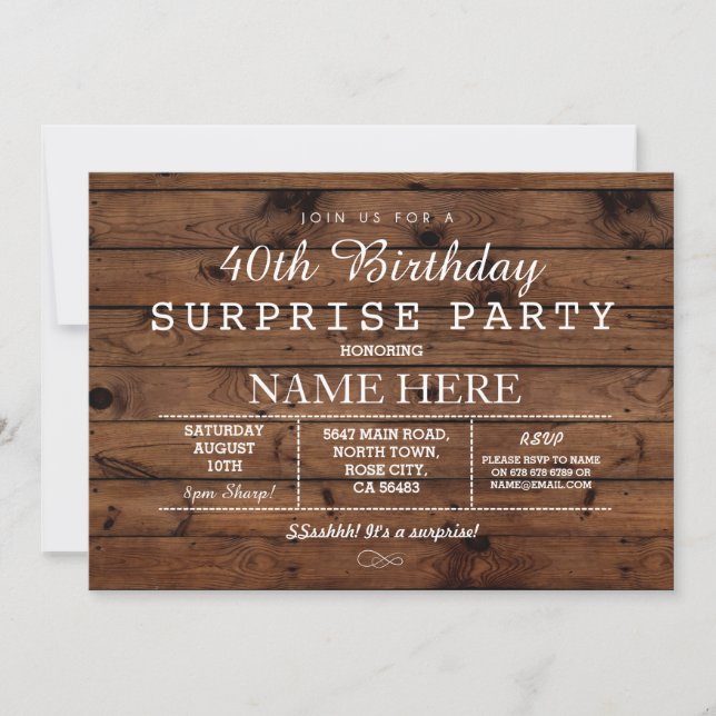40TH 50TH 60TH BIRTHDAY PARTY WOOD SURPRISE INVITE (Front)