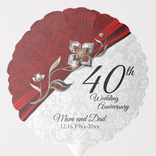 40th, 52nd or 80th Ruby Floral Anniversary Balloon (Front)