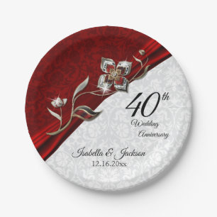 40th, 52nd or 80th Ruby Floral Anniversary Paper Plates