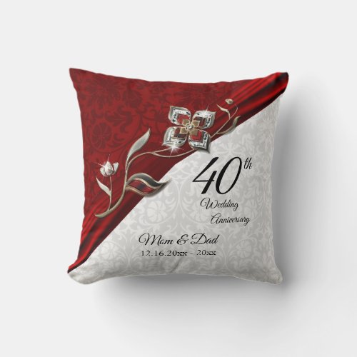 40th 52nd or 80th Ruby Floral Anniversary Throw Pillow