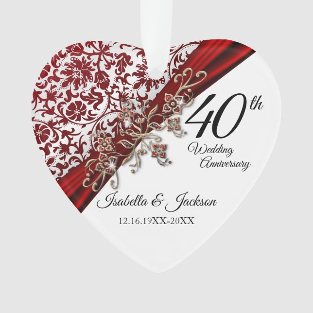 40th, 52nd or 80th Ruby Red Floral Anniversary Ornament (Front)