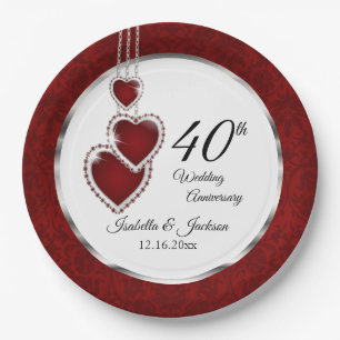 40th, 52nd or 80th Ruby Wedding Anniversary Paper Plates