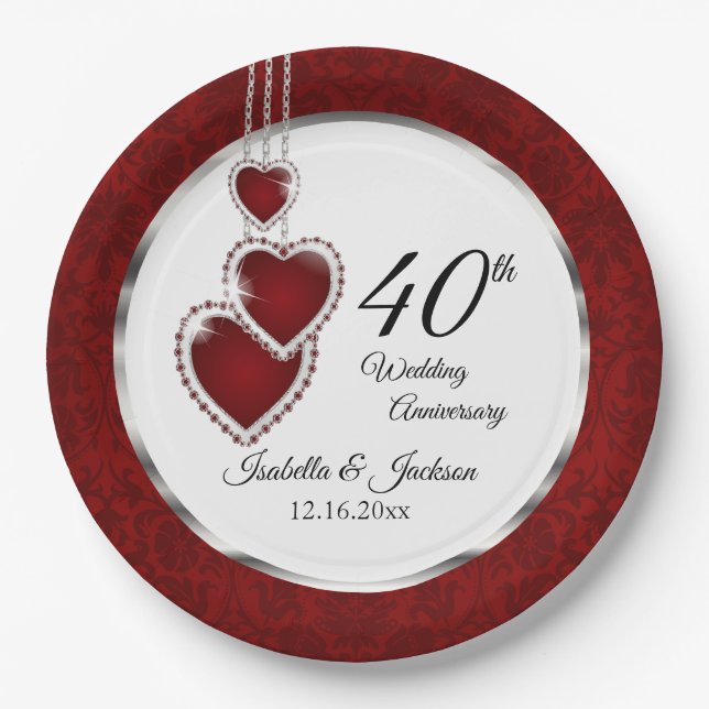 40th, 52nd or 80th Ruby Wedding Anniversary Paper Plates (Front)