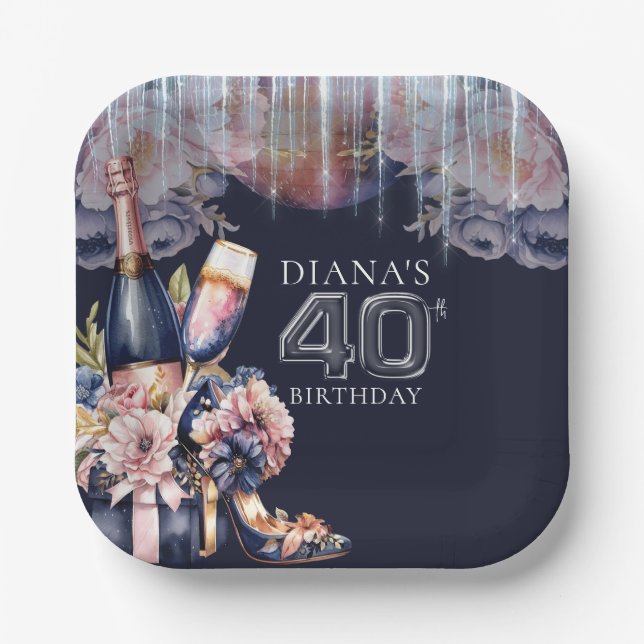 40th Adult Birthday Champagne Heels Paper Plates (Front)