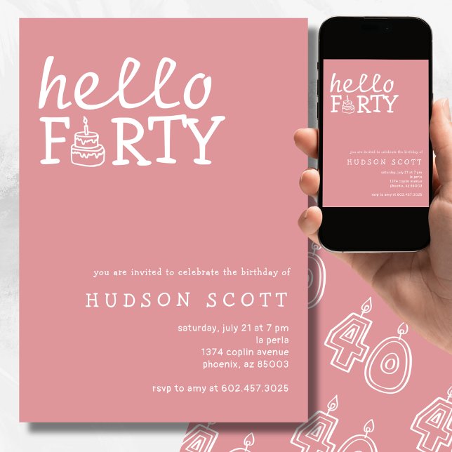  40th Adult Birthday Party Hello Forty Modern Pink Invitation (Creator Uploaded)