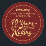 40th Anniversary 40 YEARS IN THE MAKING Classic Round Sticker<br><div class="desc">Custom, personalized 40th wedding anniversary stickers, envelope seals or favor labels celebrating the special couple and integrating their wedding year as part of the 40 YEARS IN THE MAKING retro typography design in ruby red and gold. COLOR CHANGE: The ruby red background color can be changed to coordinate with your...</div>