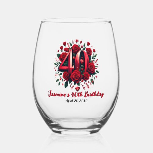 40th AnniversaryBirthday Hearts  Red Roses Stemless Wine Glass