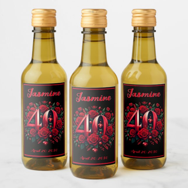 40th Anniversary/Birthday Hearts & Red Roses Wine Label (Bottles)