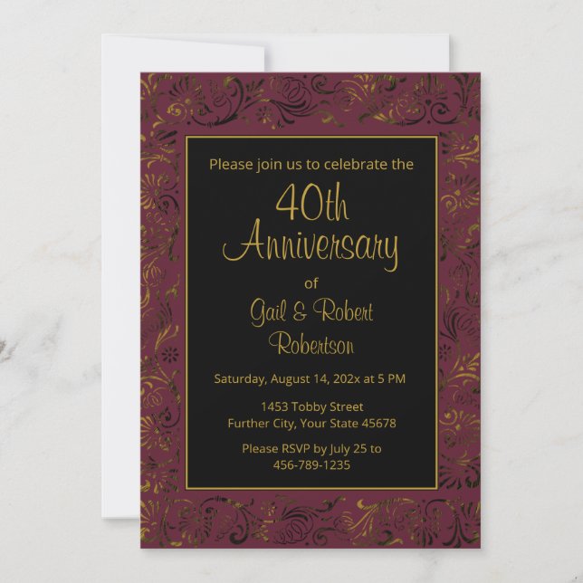 40th Anniversary Burgundy Gold Photo Invitation (Front)