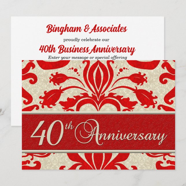 40th Anniversary Business Red Damask Invitation (Front/Back)