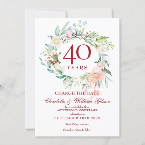 40th Anniversary Change the Date Roses Garland  Invitation