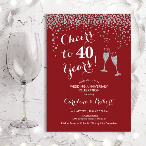 40th Anniversary _ Cheers to 40 Years Silver Red Invitation