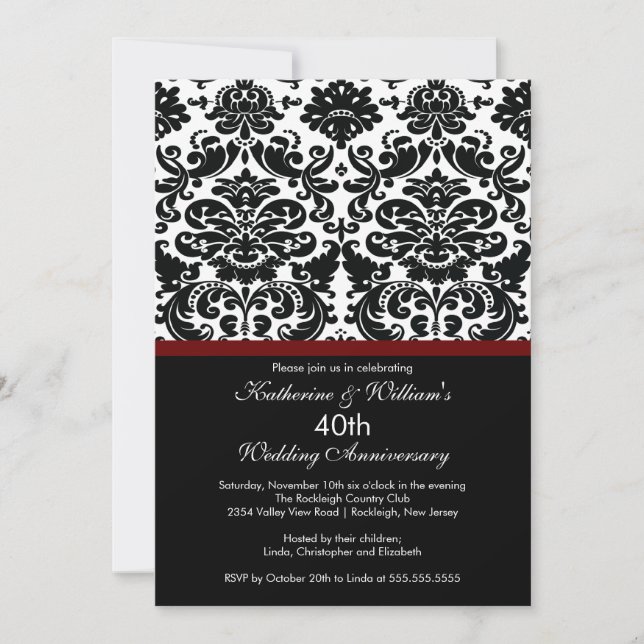 40th Anniversary Damask Invitation Merlot Red (Front)