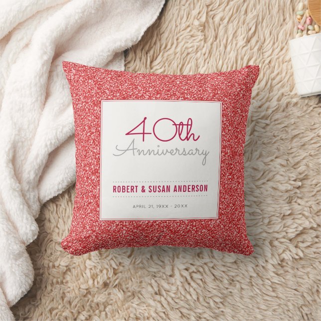 40th Anniversary Faux Red Glitter Keepsake Throw Pillow (Blanket)