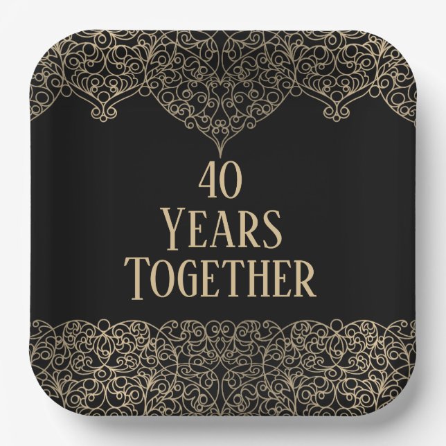40th Anniversary Gold Lace On Black  Paper Plates (Front)