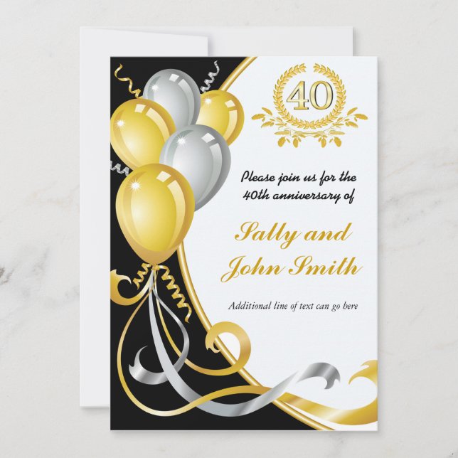 40th Anniversary Gold & Silver Birthday Invitation (Front)