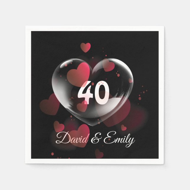 40th Anniversary Heart Bubble With Red Hearts Napkins (Front)