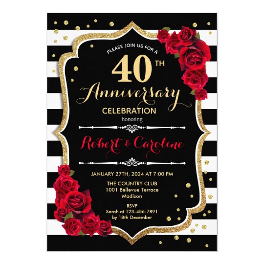 40th Anniversary Invitation - Red Gold Black White | Zazzle.com