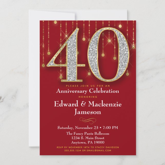 40th Anniversary Invitation Red Gold Diamonds (Front)