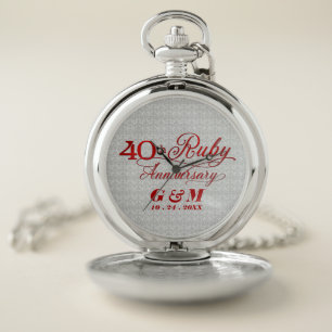 40th Anniversary is Ruby in Red and Silver Damask Pocket Watch