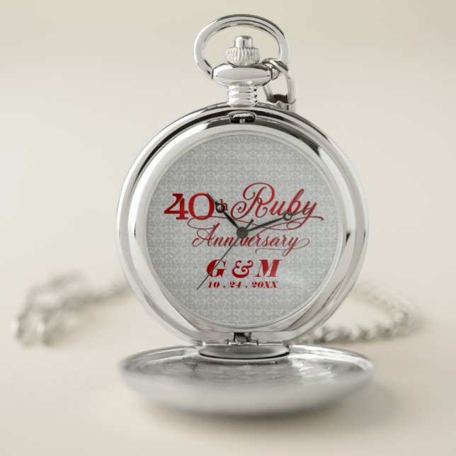 40th Anniversary is Ruby in Red and Silver Damask Pocket Watch (Inside)