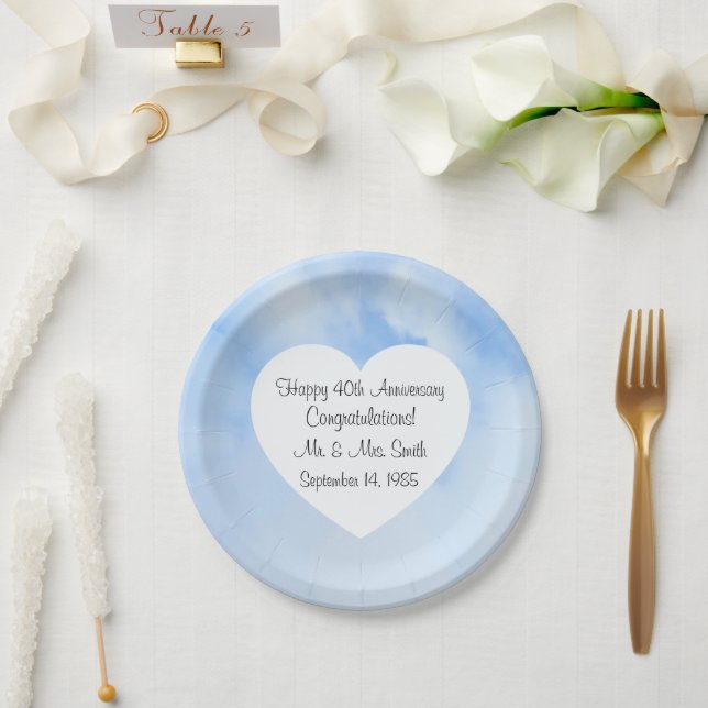 40th Anniversary Light Blue Sky Heart Paper Plates (Wedding)