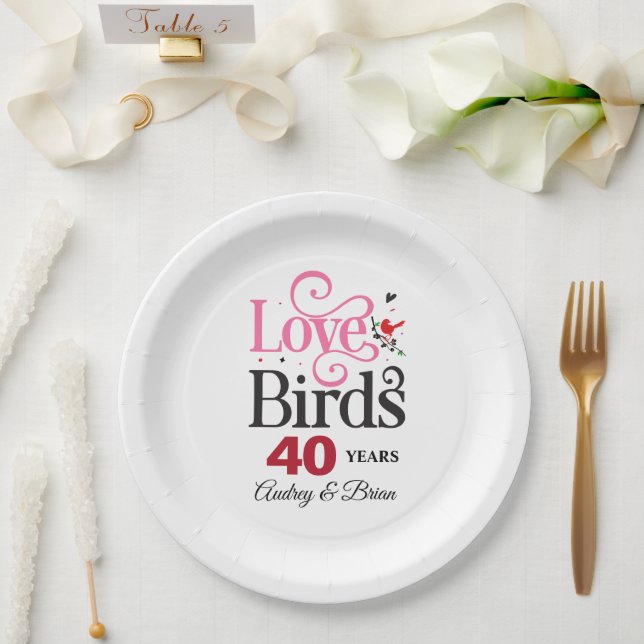40th Anniversary Love Birds Personalized Paper Plates (Wedding)