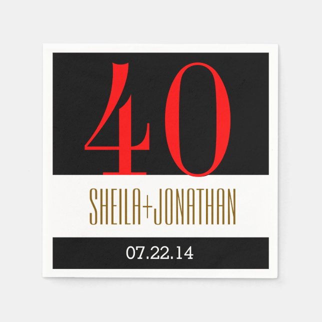 40th Anniversary Modern Black Red Gold V02 Napkins (Front)