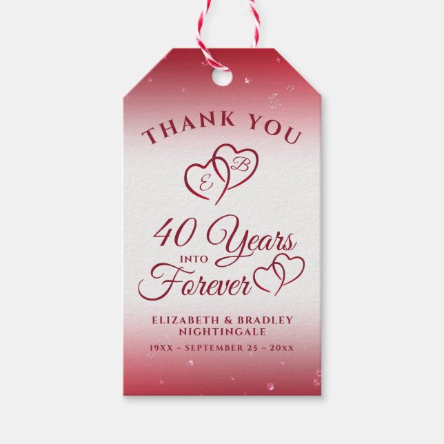 40th Anniversary Monogram Heart YEARS INTO FOREVER Gift Tags (Front)