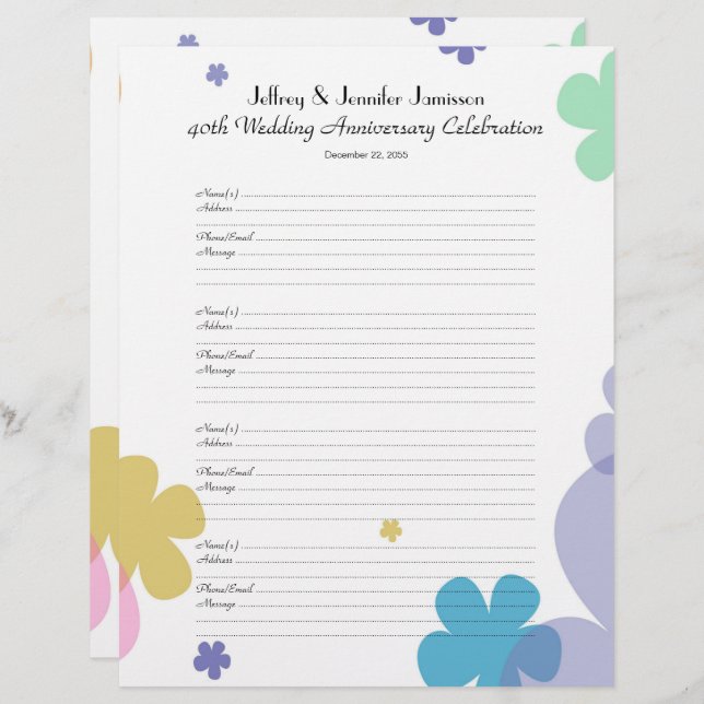 40th Anniversary Party Guest Book Sign-In Page (Front/Back)