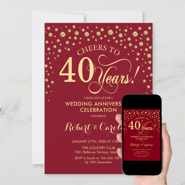 40th Anniversary Party - Ruby Red Gold Invitation | Zazzle