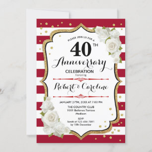 40th Anniversary Party - Ruby Red Gold White Invitation