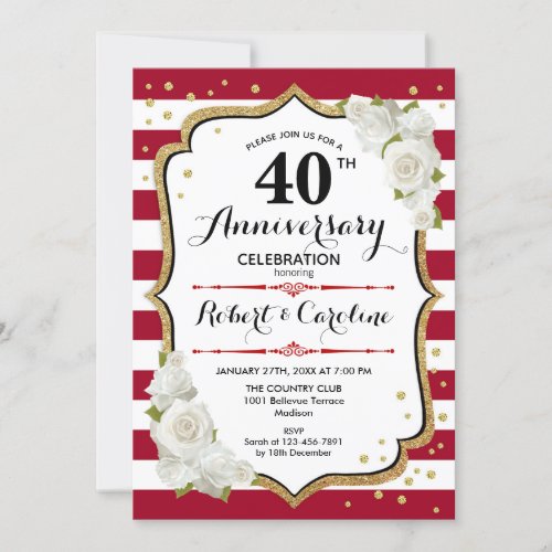 40th Anniversary Party _ Ruby Red Gold White Invitation