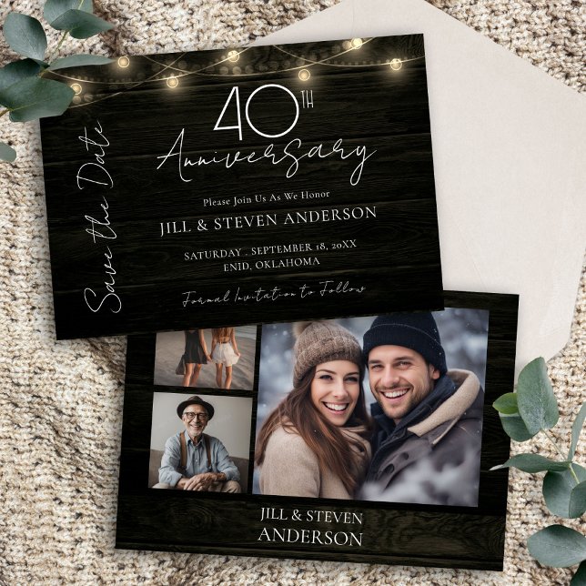 40th Anniversary Party Rustic Wood Lights Save The Date (Creator Uploaded)
