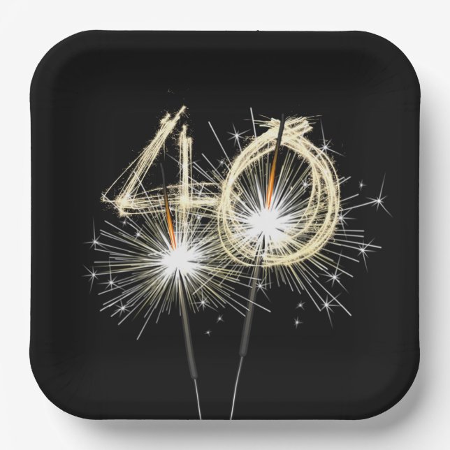 40th Anniversary Party Sparklers on Black  Paper Plates (Front)