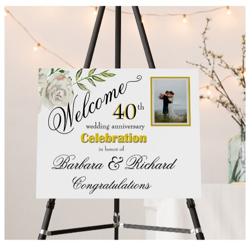 40th Anniversary Photo Golden Floral Welcome Sign