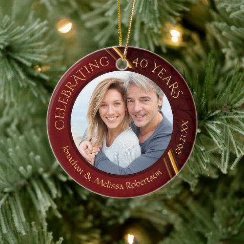 40th Anniversary Photo Ruby Red and Gold Custom Ceramic Ornament