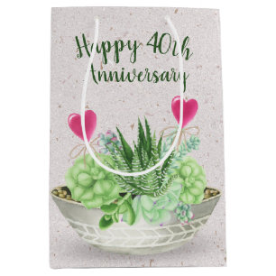 40th Anniversary Pink Hearts in Succulents  Medium Gift Bag