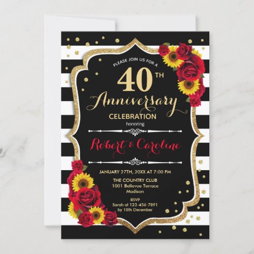 40th Anniversary _ Red Roses Sunflowers Invitation