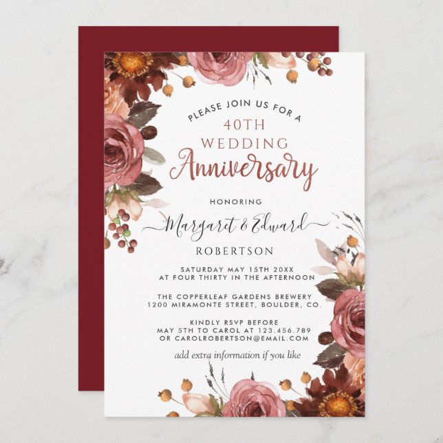 40th Anniversary Red Ruby, Burgundy Blush Floral Invitation (Front/Back)
