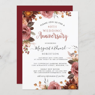 40th Anniversary Red Ruby, Burgundy Blush Floral Invitation